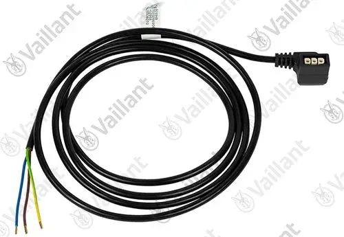 Vaillant Kabel mit einem schwarzen Stecker und drei farbigen Drähten (grün-gelb, blau, braun) zur elektrischen Verbindung.